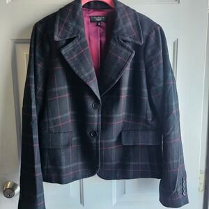 Talbots Wool Blend Plaid Blazer Jacket Charcoal Pink Petite 16P